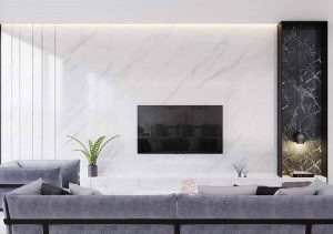 Sala produzida em porcelanato marmorizado